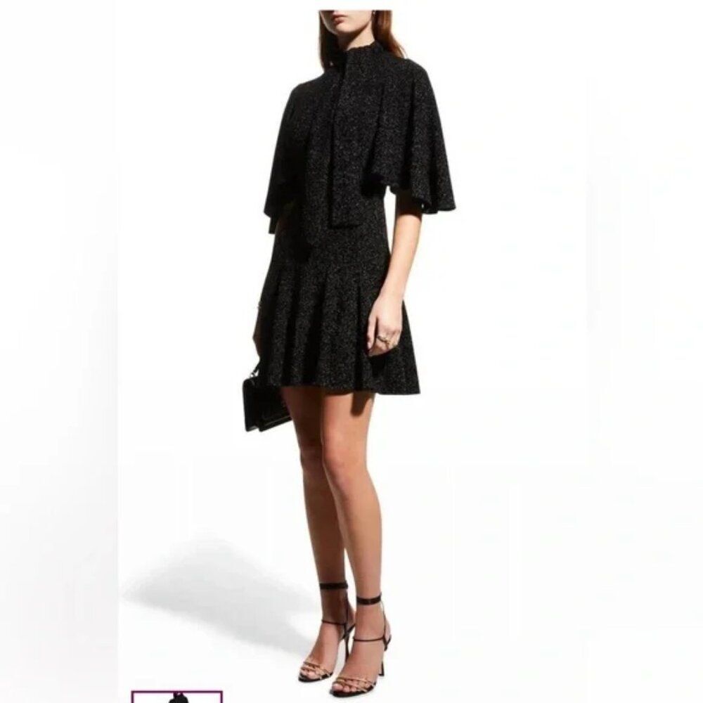 Black Halo Black Shimmer Cape Sleeve Tie Neck Mini Coralia Dress Size 8